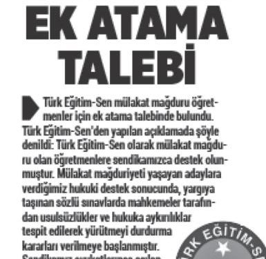 Türk Eğitim Sen’den Ek Atama Talebi – Türkgün