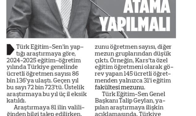 Ücretli Öğretmen Kadar Atama Yapılmalı – Türkgün